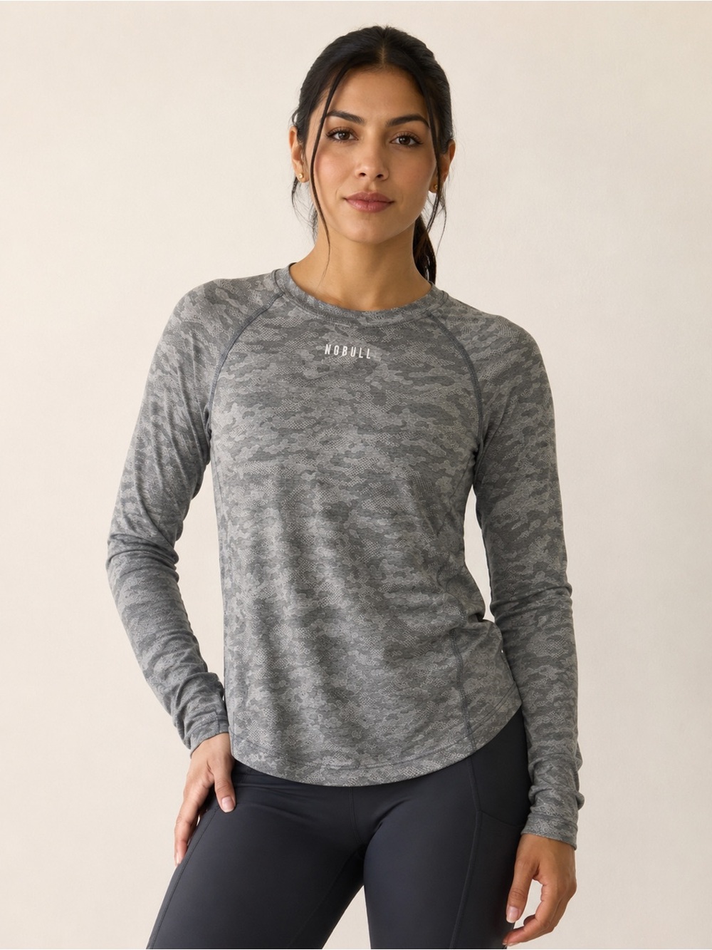 NOBULL Women's Grey Camo Long-Sleeve Performance Tee